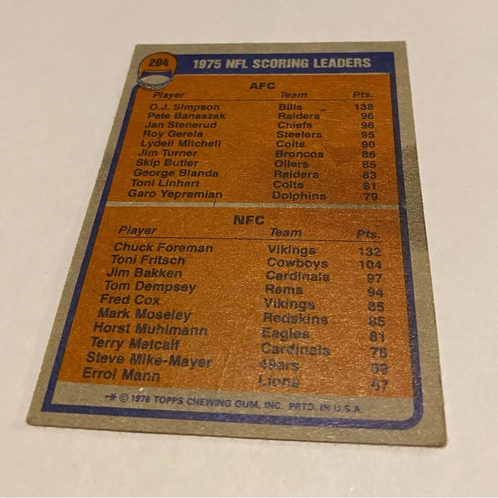 O.j. Simpson/Chuck Foreman 1975 NFL scoring leaders Topps Football card